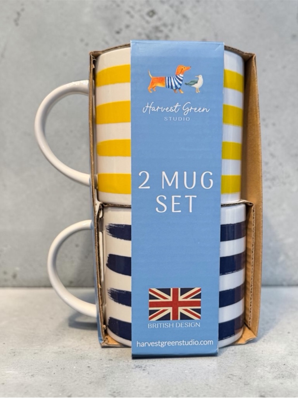 Harvest Green Studio 2 Mug Set Striped Ceramic Coffee Cups British Design